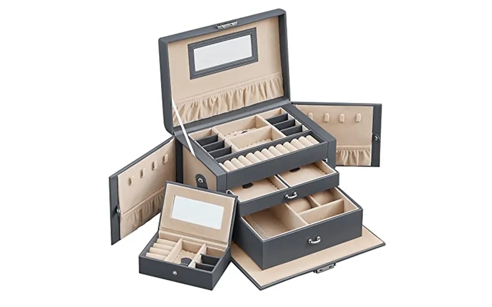 Songmics Smykkeskrin, Låsbar, M. 3 Lag, Rejseetui, 2 Skuffer, Spejl - Grå Pu