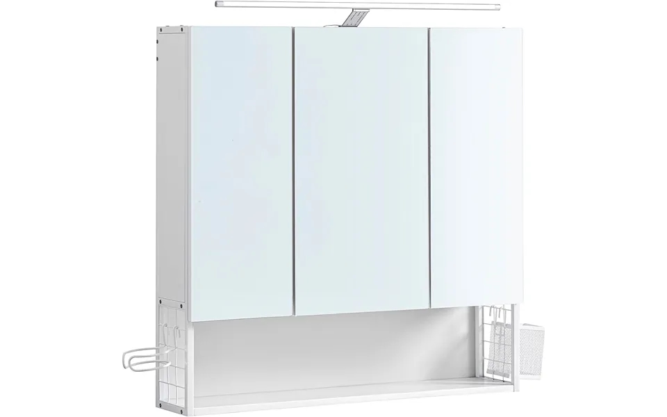 Vasagle Badeværelsesvægskab, M. Spejl, Led-lampe, 3 Låger, Hylde, Hårtørrerholder - Hvid Træ Stål