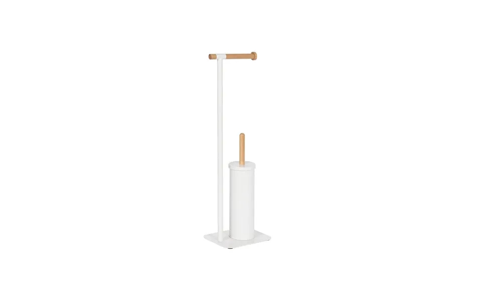 Toiletpapirholder Med Toiletbørste - Hvid Natur, Metal Og Bambus, 22 × 16 × 68 Cm