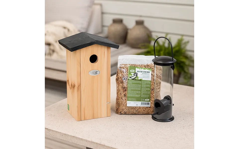 Musvit Fuglehus Komplet Sæt Med Redekasse - Fodersilo Og Foder