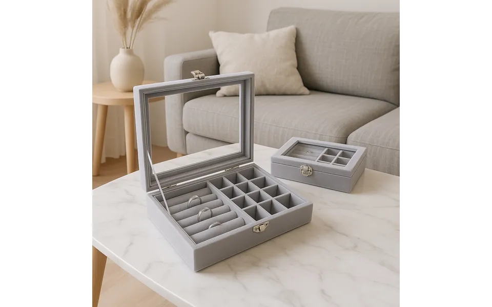 Smykkeskrin I Grå Velour 20x15x5 Cm Med Transparent Låg Og Ruminddeling Smykkeopbevaring Til Kvinder