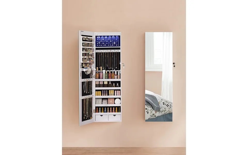 Smykkeskab Med Lys - Væghængt Spejlskab Til Dør Og Væg