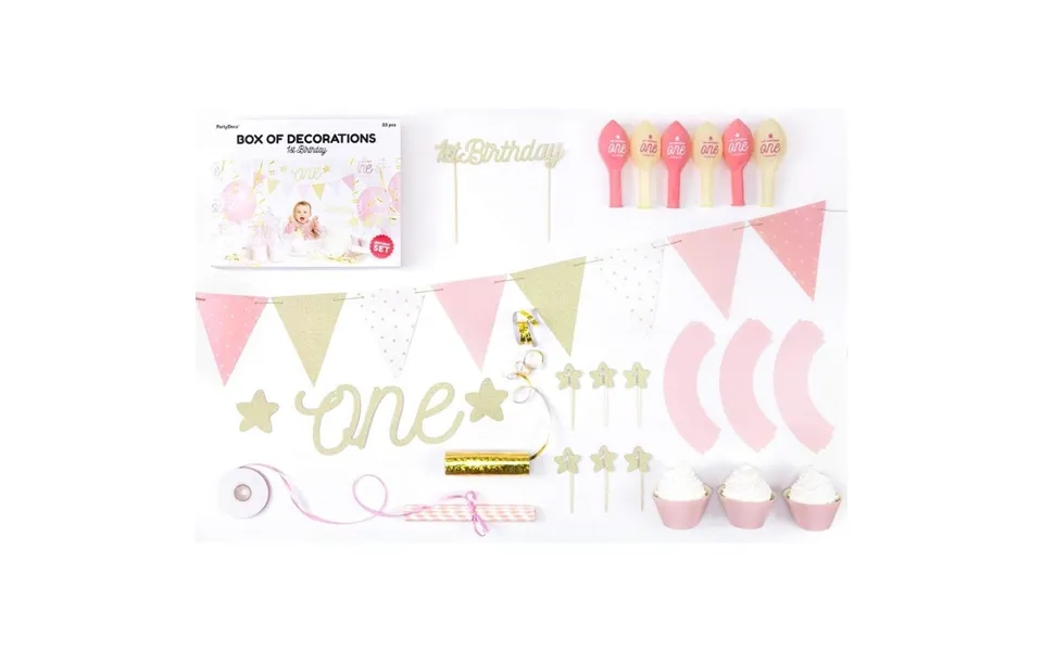Fødselsdagspynt Til 1 Års Fødselsdag - Sæt I Pink Og Guld