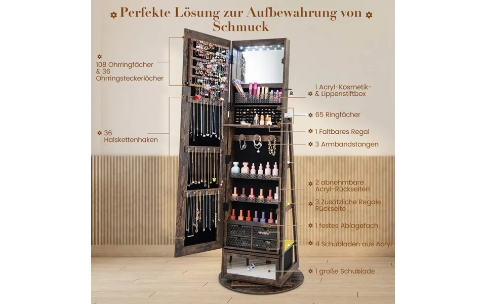 Smykkeskab 360 Drejeligt Spejlskab Med Fuldlængde Spejl 140 X 37 Cm Rustik Brun