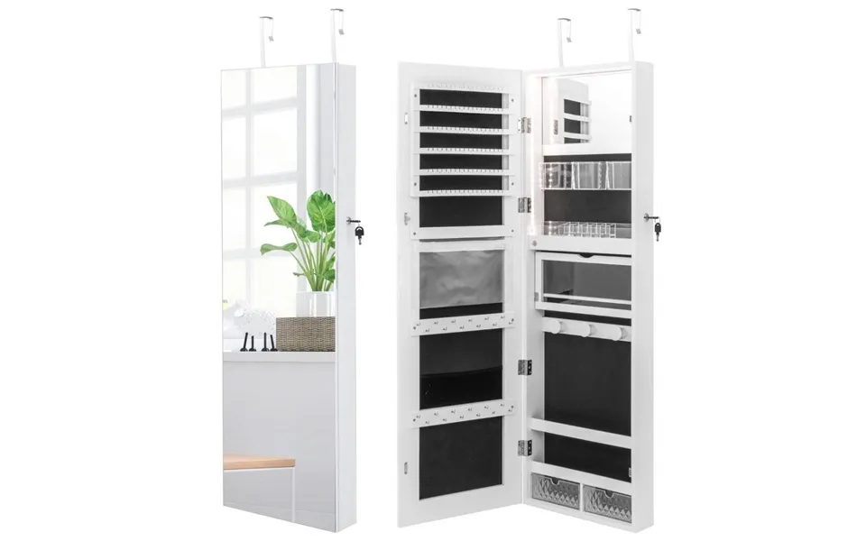 Smykkeskab Med Fuldlængde Spejl & 3-farve Lys På Væg Dør Hvid