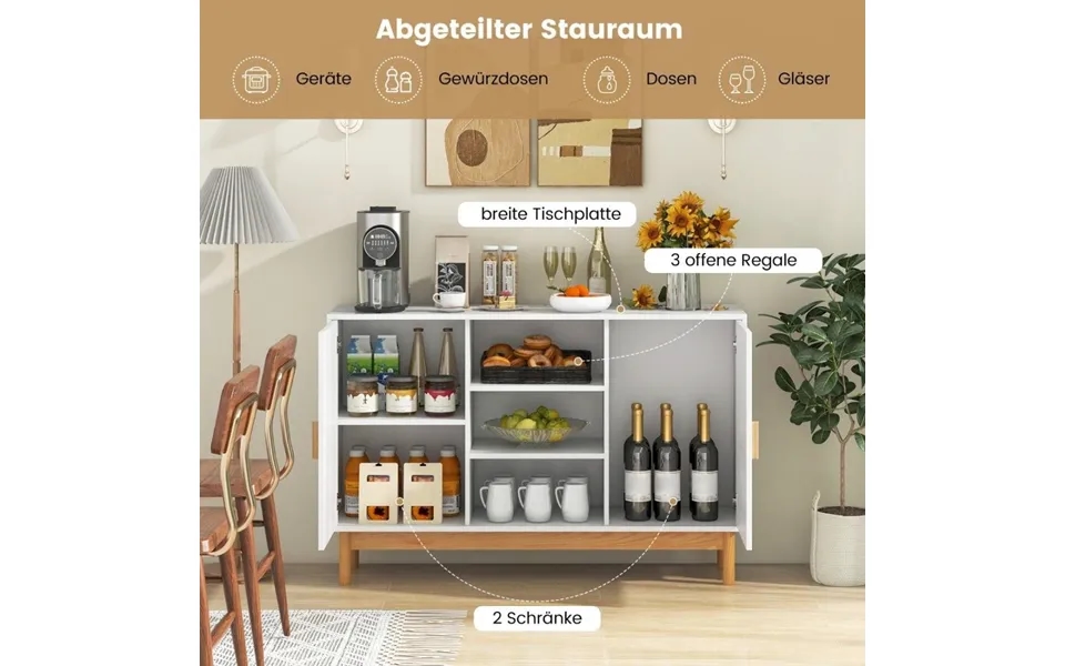 Træ Buffet Skab Køkkenskab Med 2 Bambus Låger & 3 Åbne Hylder 120 X 35 X 78 Cm Natur Hvid