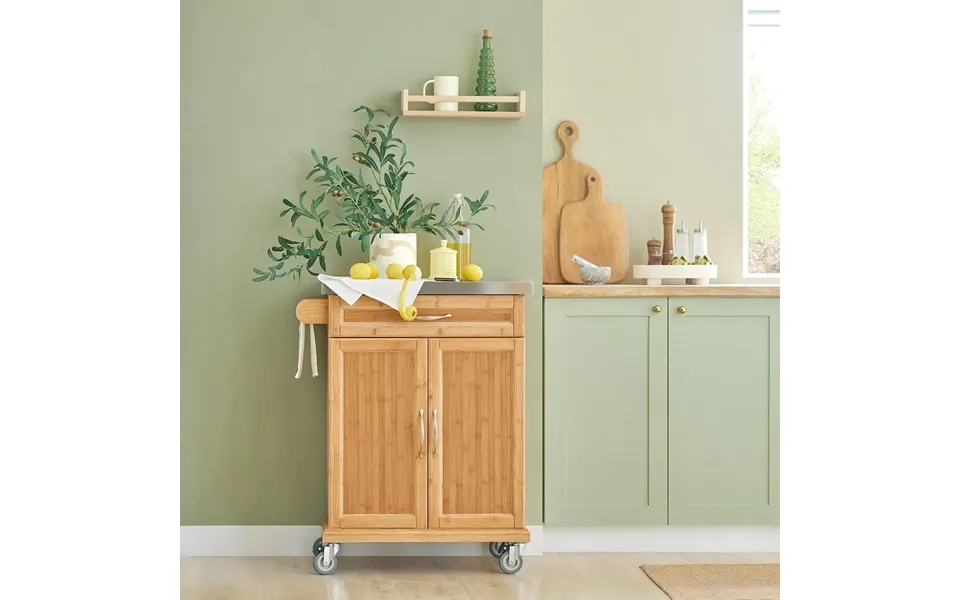 Køkkenø I Bæredygtigt Bambustræ Og Med Stålbordplade - Naturfarvet