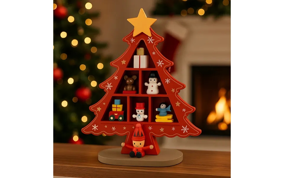 Juletræer I Træ - Hver Med 7 Håndmalede Figurer, Rød Eller Grøn Højde 18,5 Cm