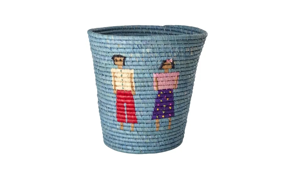 Rice Rund Raffia-kurv Med Mennesker Og 3d-detaljer - Blå