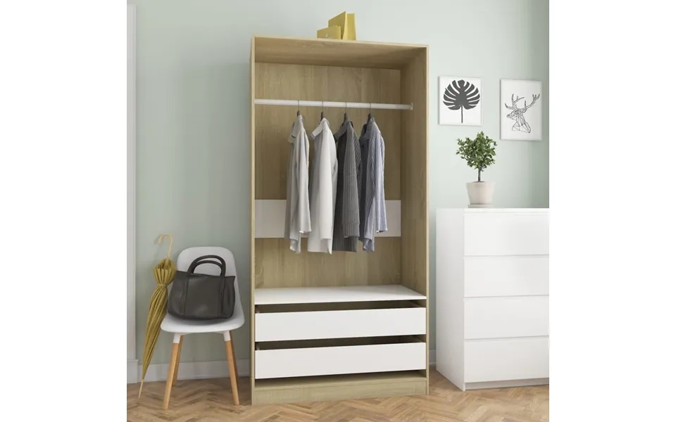 Vidaxl Klædeskab 100x50x200 Cm Konstrueret Træ Hvid Og Sonoma-eg