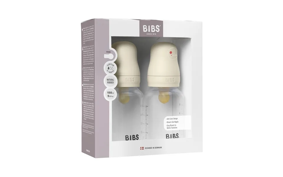 Bibs Baby Plast Bottle Naturgummi Slow Flow Ivory 2-pak 150 Ml