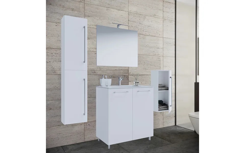 Badeværelsesmøbelsæt - Spejlglas, Keramik Og Hvid Melamin Sæt Af 5