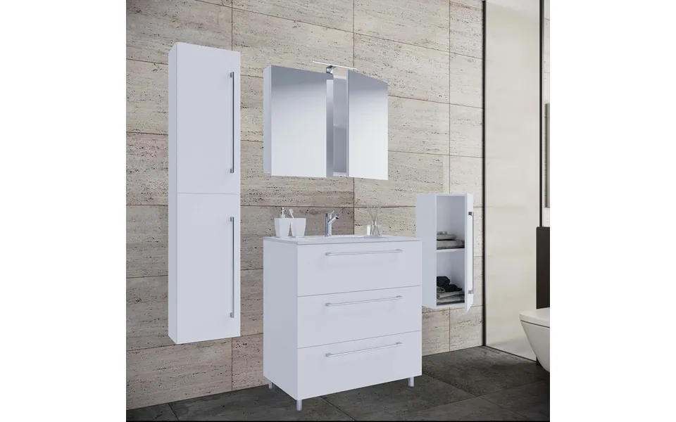 Badeværelsesmøbelsæt - Spejlglas, Keramik Og Hvid Melamin Sæt Af 5