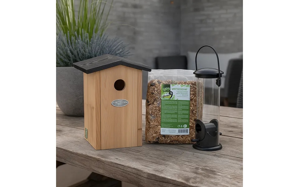 Blåmejse Fuglehus Komplet Sæt Med Redekasse - Fodersilo Og Foder