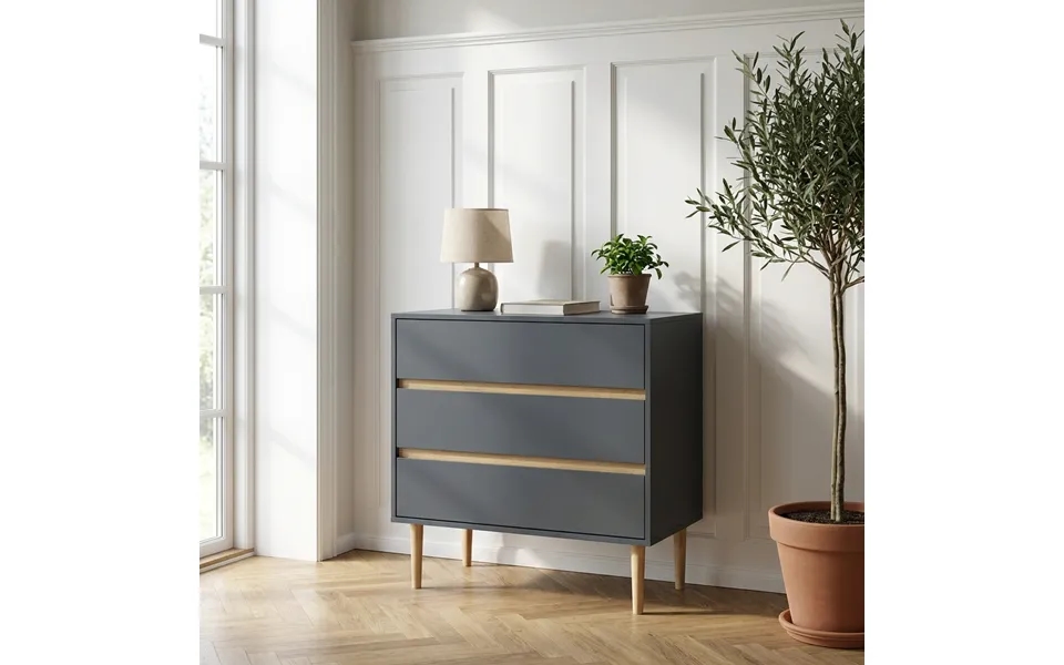 Kommode I Mørkegrå Med Fyrretræs Ben 3 Skuffer 80 Cm