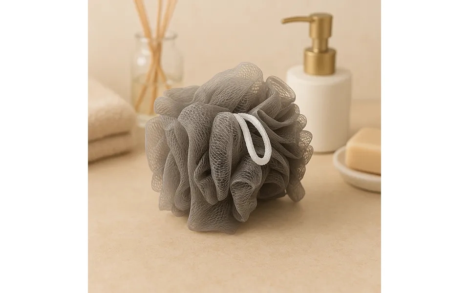 Mesh Badesvamp Med Skrub, Grå - 13x13x7 Cm