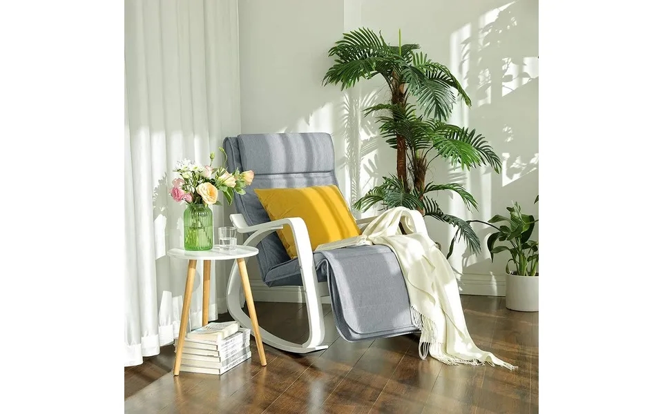 Gyngestol I Birketræ Med Justerbar Fodstøtte - Lysegrå Stof