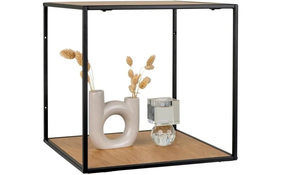 Valencia 35 Cm Hyldevæg I Sort Metal Stel Og Med 2 Træhylder Med Ege Look