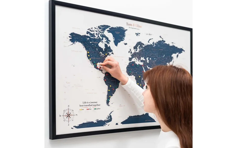 Verdenskort Med Nåle På Lærred Navy S 50 X 75 Cm Ingen Ramme