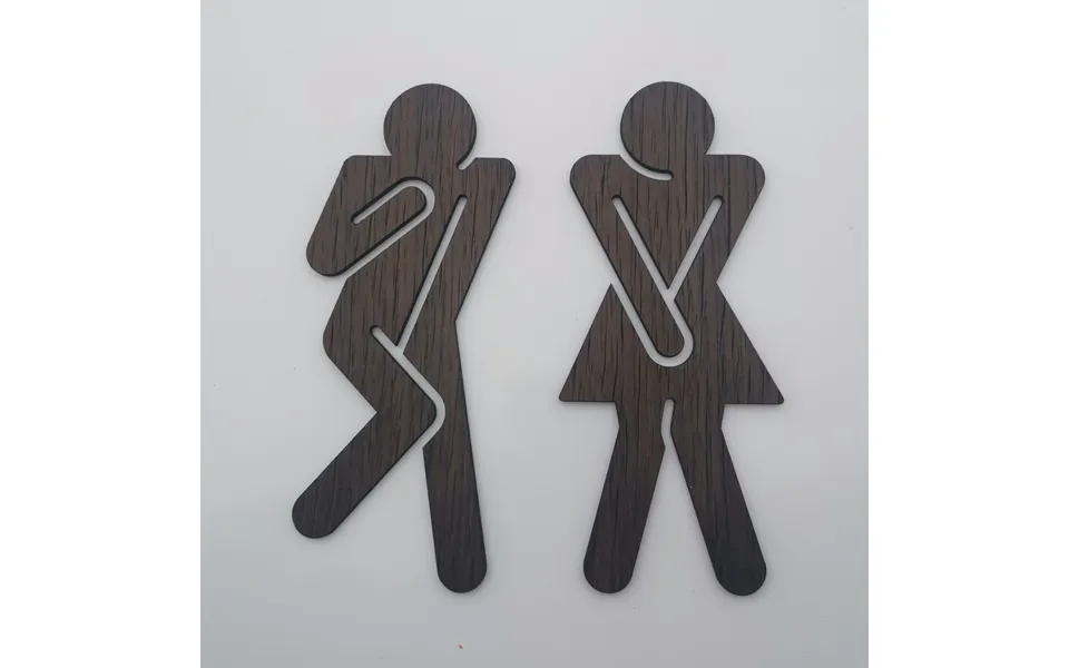 Skilt Til Toilet I Træ - Tissetrængende Mand Og Kvinde Træ Valnød