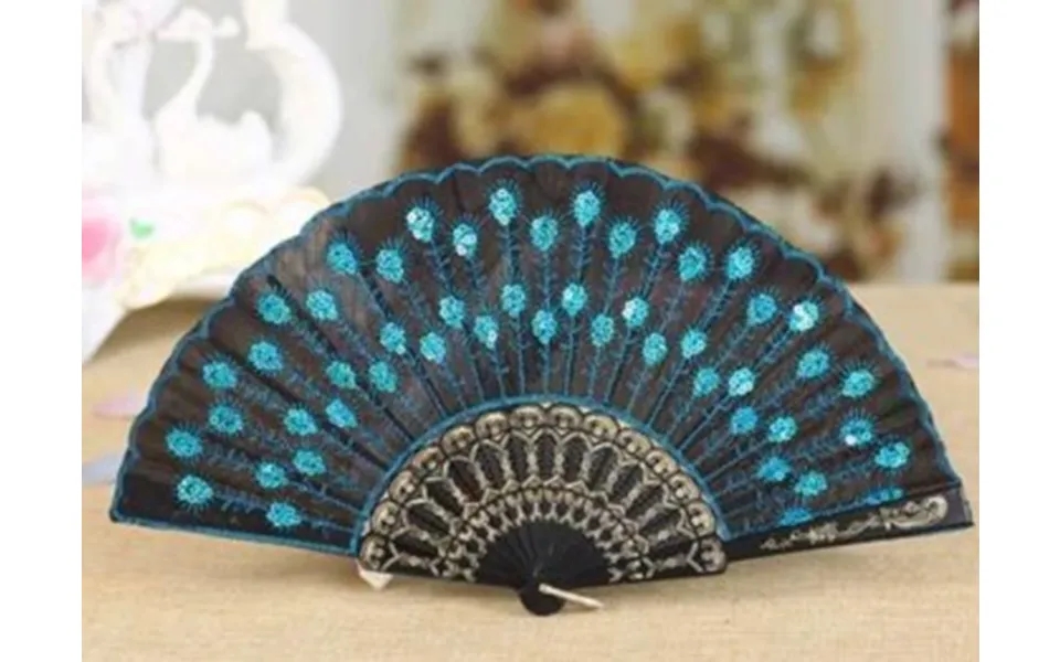 Vifte, Stor Sød Vifte Med Palietter, Sort Aqua - Med Guld Mønster På Viftestel