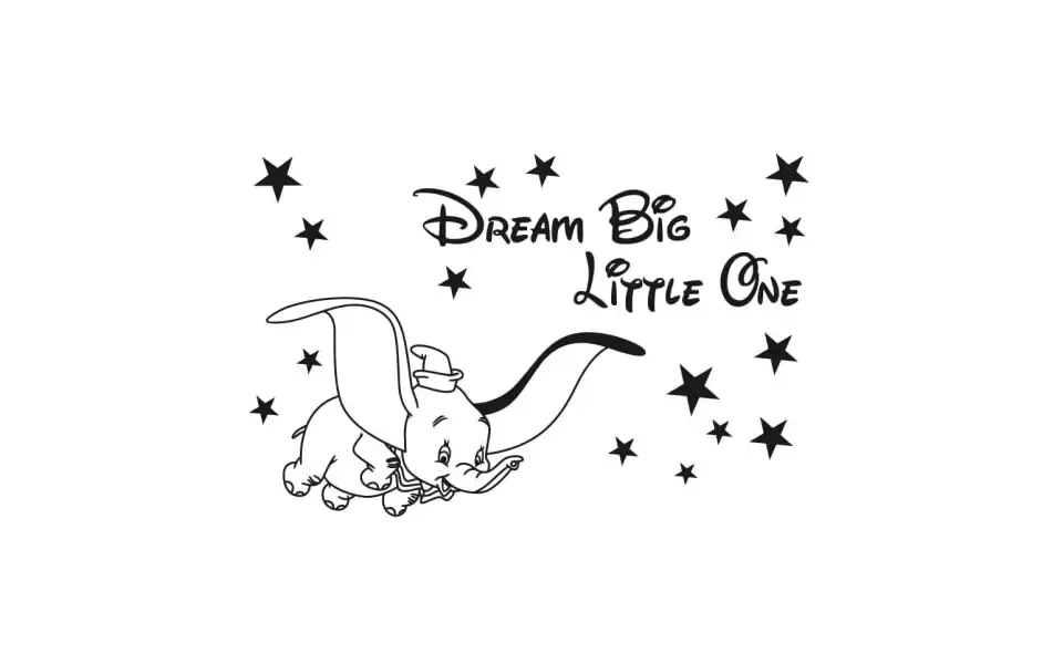 Sød Dumbo Wallsticker. Dream Big Little One. 42x28cm.